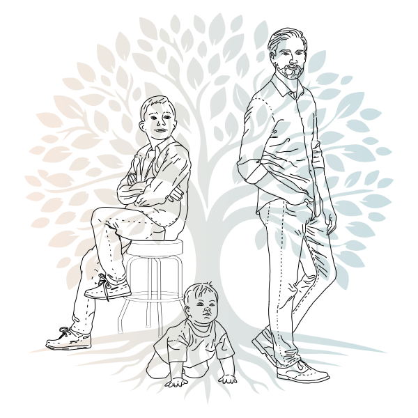 illustration de 3 générations avec un arbre de vie en arrière plan